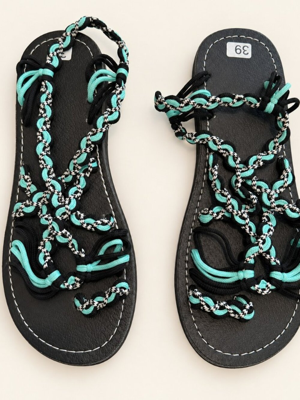 Turquoise Black Braided Cord Caged Flat Sandals Size 39